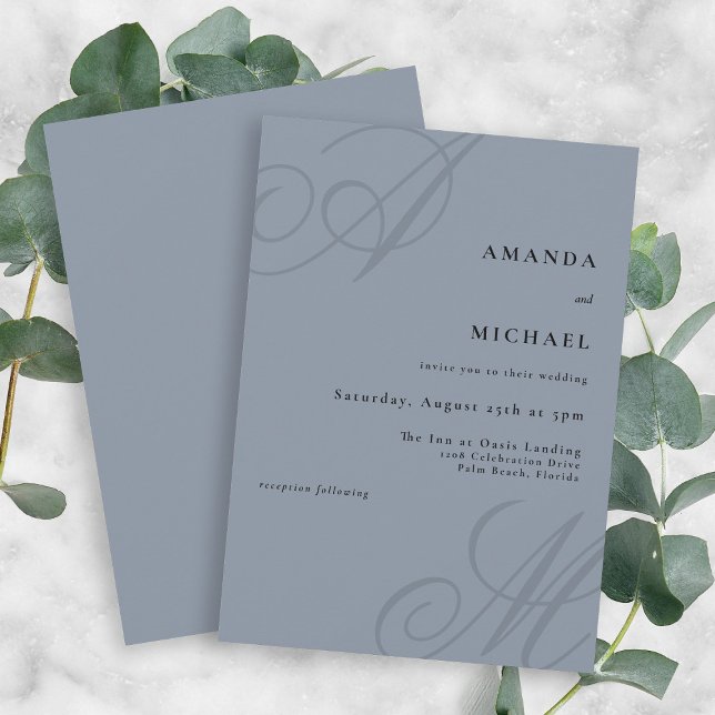 Dusty Blue Modern Elegant Minimal monogram Bröllop Inbjudningar (Dusty blue modern minimalist wedding invitation with the bride and groom's monogram initials.)