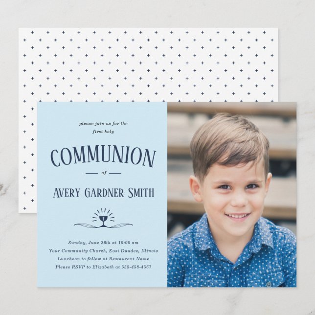 Dusty Blue Modern First Heliga Communion Boy Photo Inbjudningar (Fram/baksida)