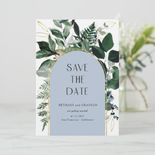 Dusty Blue, Modern Greenery botanic löv QR-kod Spara Datumet