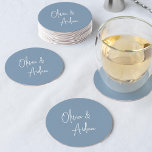 Dusty Blue | Modern handskriven Bröllop Underlägg Papper Rund<br><div class="desc">Designad för att matcha våra Modern Handwriter-bröllopsinbjudningar. En vacker typografibaserad design med minimalistisk känsla,  med namn i modern handskript. Färgväg: Dusty Blue,  ett muterat medelblått.</div>