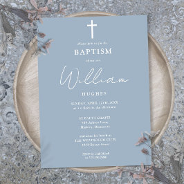 Dusty Blue Modern Minimalist Baptism Christening Inbjudningar