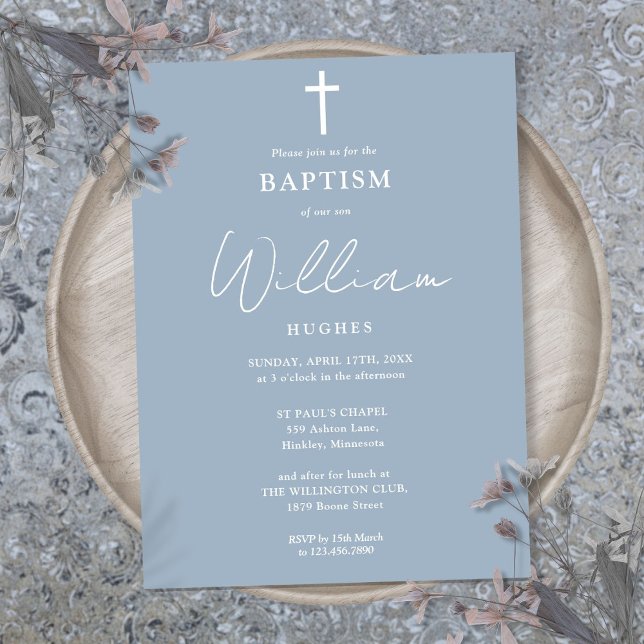 Dusty Blue Modern Minimalist Baptism Christening Inbjudningar (Dusty Blue Modern Minimalist Baptism Christening Invitation)
