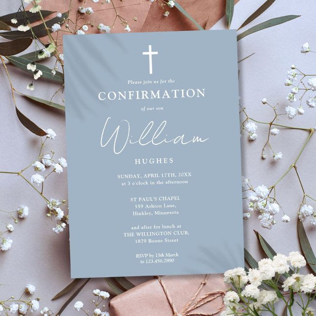 Dusty Blue Modern Minimalist Bekräftelse Inbjudningar (Dusty Blue Modern Minimalist Confirmation Invitation)