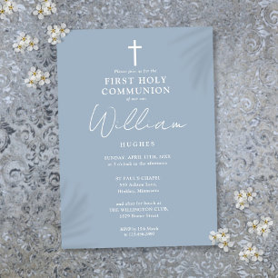 Dusty Blue Modern Minimalist First Heliga Communio Inbjudningar