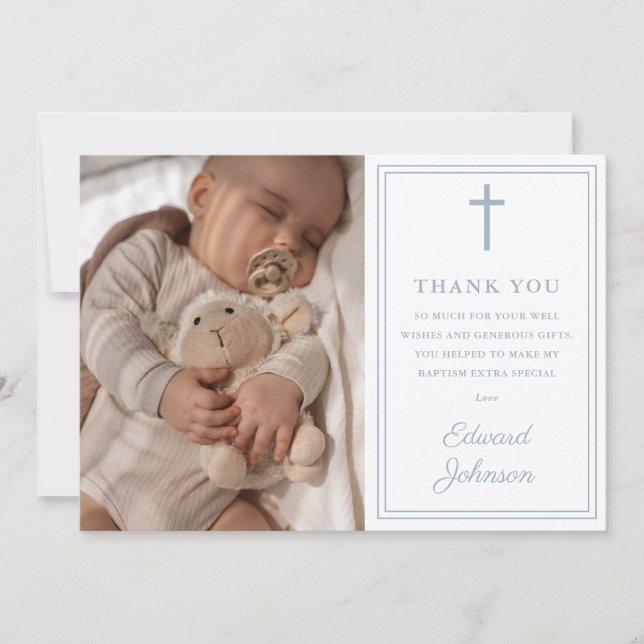 Dusty Blue Modern Photo Baptism Christening Tack Kort (Framsida)