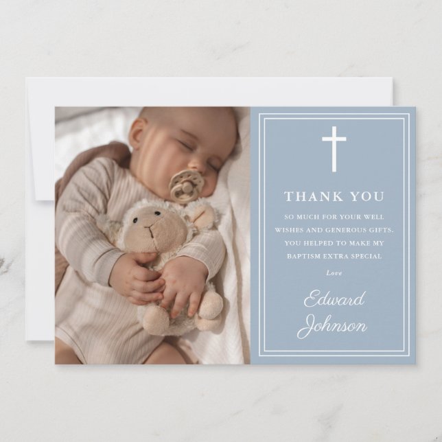 Dusty Blue Modern Photo Baptism Christening Tack Kort (Framsida)