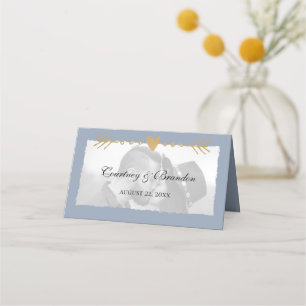 Dusty Blue Modern Photo Guld Hearts Bröllop Placeringskort