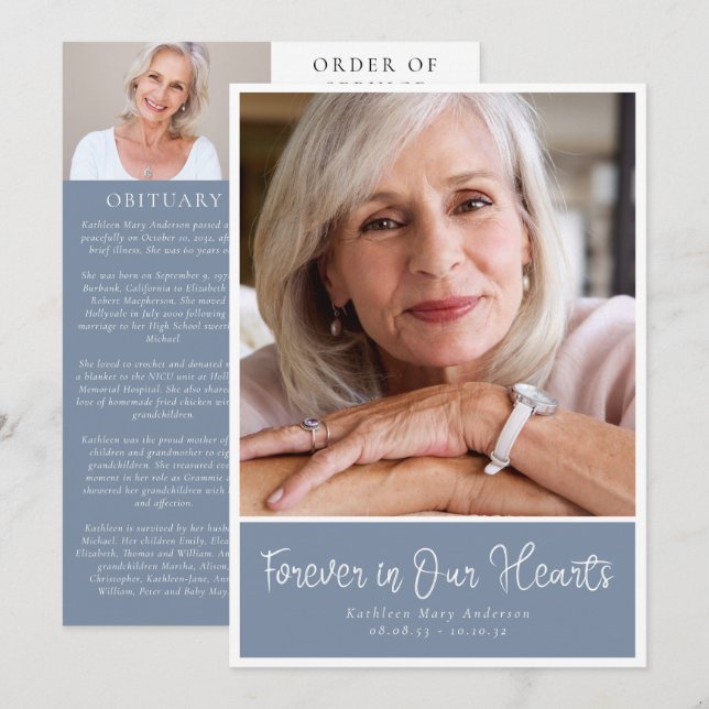 Dusty Blue Modern Photo Order Funeral Program (Fram/baksida)