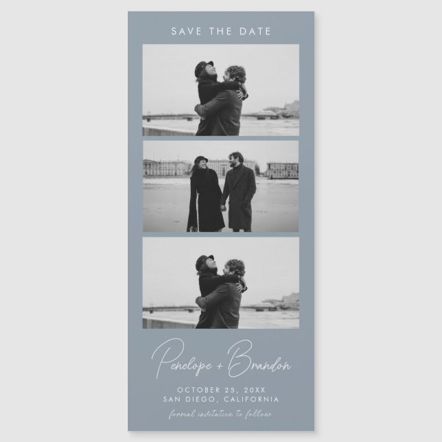 Dusty Blue Modern Photo Strip Magnetic Bröllop (Framsida)