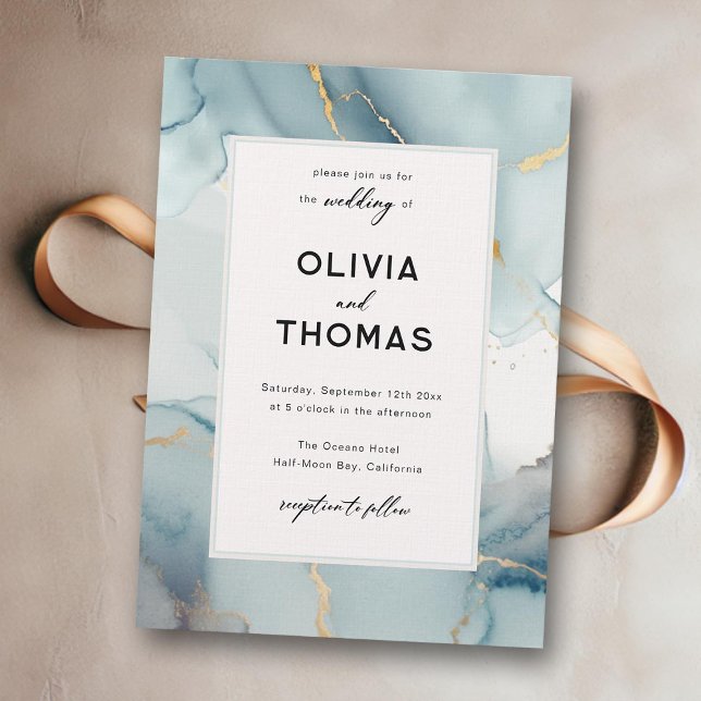 Dusty Blue Modern Ram Elegant  Chic Beach Wedding Inbjudningar (dusty blue wedding invitation beach waves gold modern elegant bohemian romantic chic calligraphy)