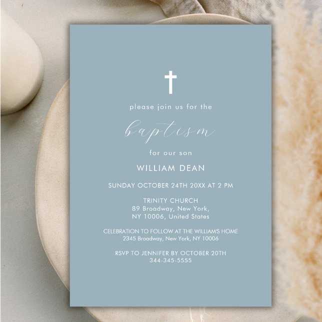 Dusty Blue Modern Script Boho Guld Kor Baptism Inbjudningar (Dusty Blue Modern Script Boho Gold Cross Baptism Invitation)