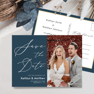 Dusty Blue Modern Script Bröllop spara datum Meddelande Vykort