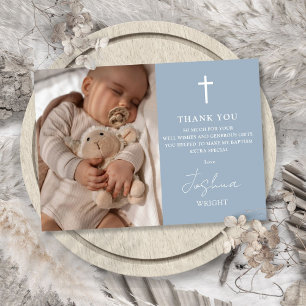 Dusty Blue Modern Script Foto Dopning Dopceremoni Tack Kort