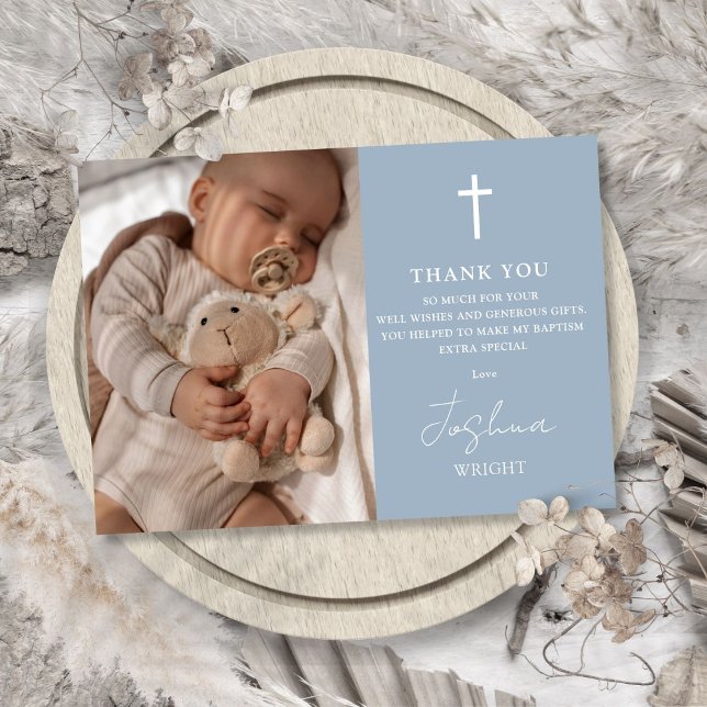 Dusty Blue Modern Script Photo Baptism Christening Tack Kort (Dusty Blue Modern Script Photo Baptism Christening Thank You Card)