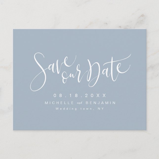 Dusty Blue Modern Simple Script - spara datumet Meddelande Vykort (Framsida)