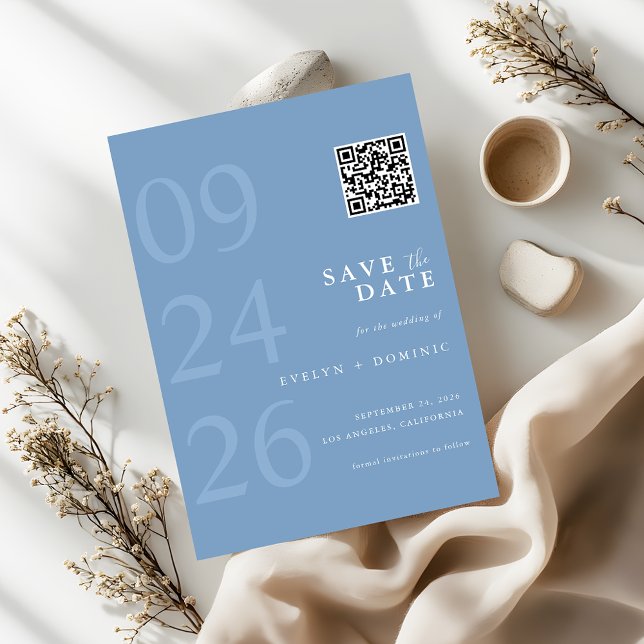 Dusty Blue Modern Typography QR Code Wedding Spara Datumet (Skapare uppladdad)