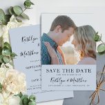 Dusty Blue Modern Typography Simple Photo Bröllop Spara Datumet<br><div class="desc">Dusty Blue Modern Typography Simple Photo Bröllop spara datum-inbjudningskort. Låt er familj, vänner och kolleger veta att ni har fastställt ett datum för ert bröllop firande med detta elegant, snyggt och det moderna bröllop spara datum-inbjudan. Alla texterna är i förväg ordnade så att du enkelt och snabbt kan anpassa dig...</div>