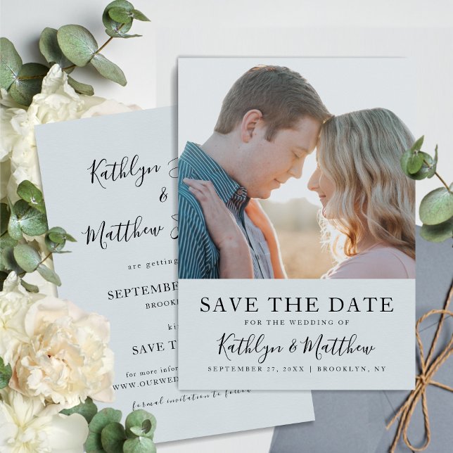 Dusty Blue Modern Typography Simple Photo Bröllop Spara Datumet (Skapare uppladdad)