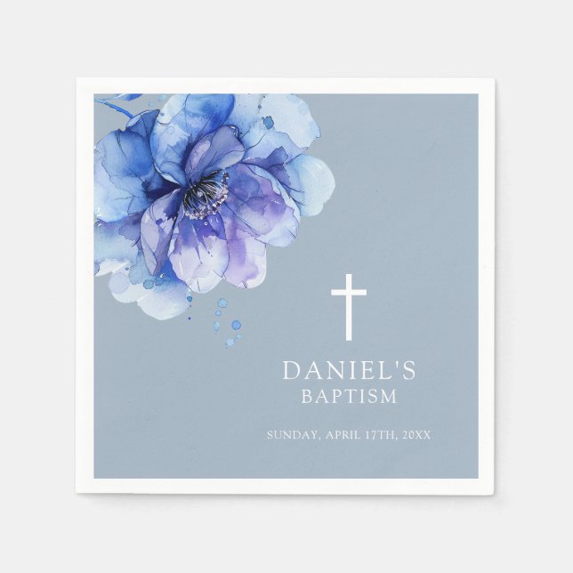 Dusty Blue Modern Watercolor Blommigt Baptism Pappersservett (Framsidan)