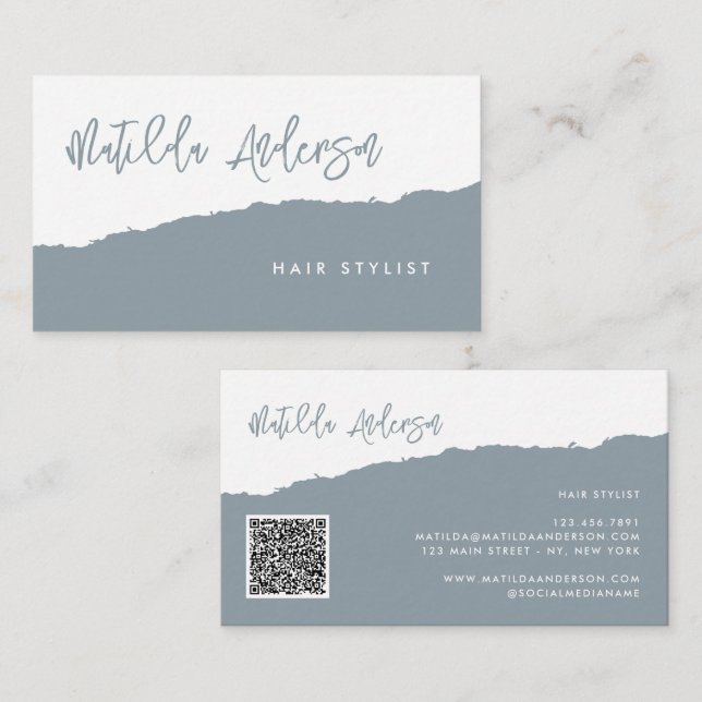 Dusty blue, modernt, lägsta QR CODE Visitkort (Fram/baksida)