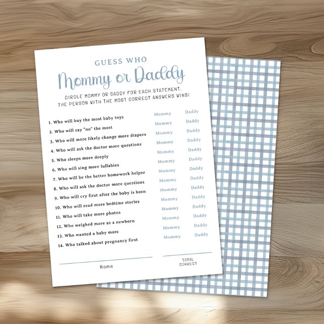 Dusty Blue Mommy or Daddy Baby Shower Game Card Rådkort (Mommy & Daddy Game Card)