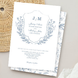 Dusty Blue Monogram Blommigt Bröllopsinbjudan Inbjudningar