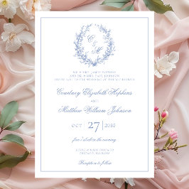 Dusty Blue Monogram botaniskt andetag Bröllop Inbjudningar