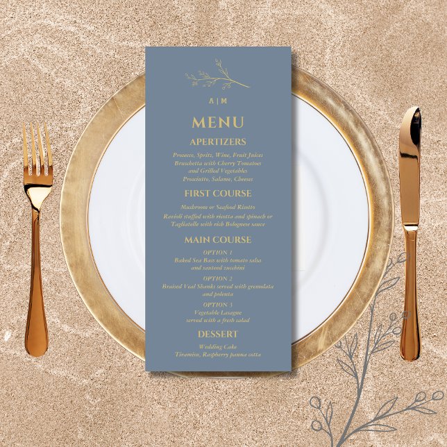 Dusty Blue Monogram botaniskt minimalistiskt Bröll Meny (Skapare uppladdad)