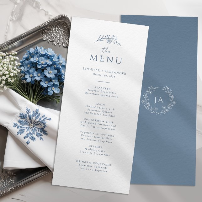 Dusty Blue Monogram Bröllop Meny (Skapare uppladdad)