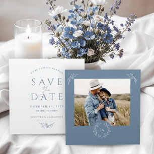 Dusty Blue Monogram Bröllop spara datum Card