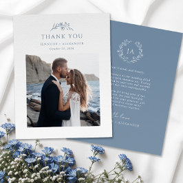 Dusty Blue Monogram Bröllop Tack Kort