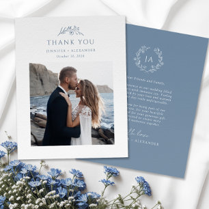Dusty Blue Monogram Bröllop Tack Kort