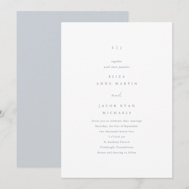 Dusty Blue Monogram bröllopsinbjudan Inbjudningar (Fram/baksida)