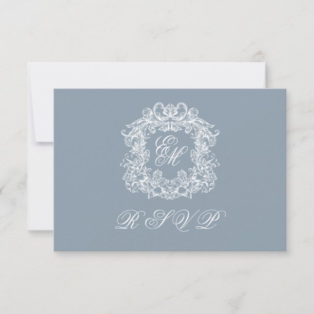Dusty Blue Monogram Crest Elegant Wedding OSA Kort (Framsida)
