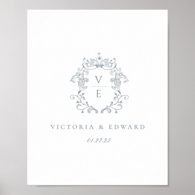 Dusty Blue Monogram Crest Wedding Poster (Framsidan)