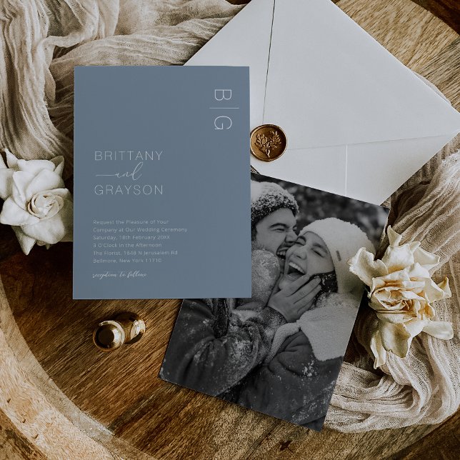 Dusty Blue Monogram - inbjudan till fotobröllop (Skapare uppladdad)