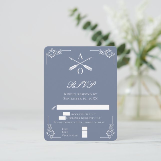 Dusty Blue Monogram och Pil Bröllop OSA Card Kort (Stående Fram)