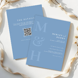 Dusty Blue Monogram QR Code All In One Wedding Inbjudningar