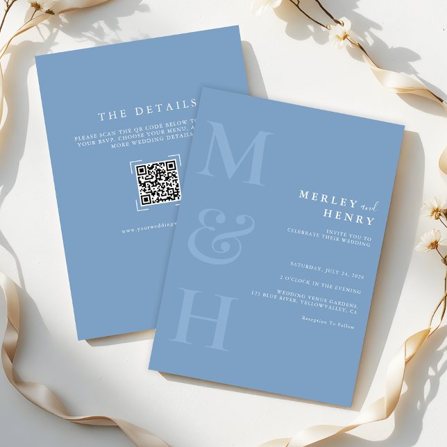 Dusty Blue Monogram QR Code All In One Wedding Inbjudningar (Skapare uppladdad)