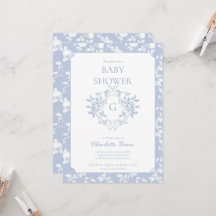 Dusty Blue Monogram Vapensköld Baby Shower-inbjuda