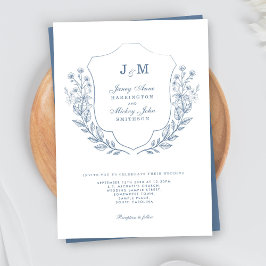 Dusty Blue Monogram Vapensköld Bröllopsinbjudan Inbjudningar