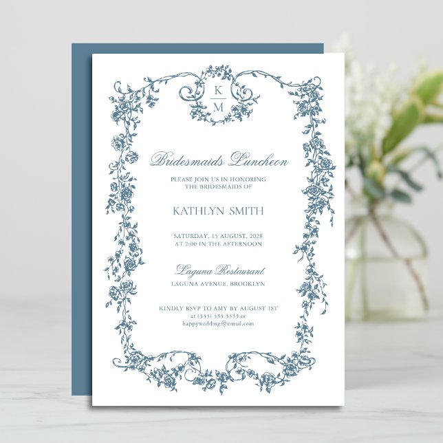 Dusty Blue Monogram Vintage Bridesmaids Luncheon Inbjudningar (Skapare uppladdad)