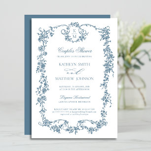 Dusty Blue Monogram Vintage Elegant Par Shower Inbjudningar