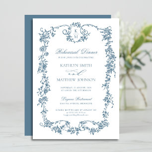 Dusty Blue Monogram Vintage Ram Bröllopsmiddag Inbjudningar