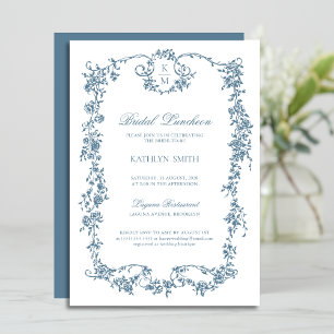 Dusty Blue Monogram Vintage Ram Möhippa Luncheon Inbjudningar