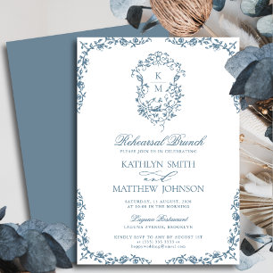 Dusty Blue Monogram Vintage Rehearsal Brunch Inbjudningar
