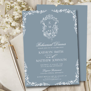Dusty Blue Monogram Vintage Rehearsal Dinner Inbjudningar