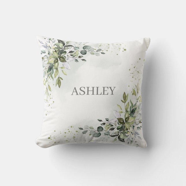 Dusty Blue Monogram Watercolor Greenery Namn Kudde (Framsida)