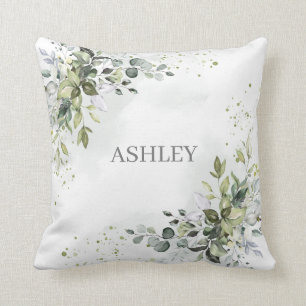 Dusty Blue Monogram Watercolor Greenery Namn Kudde