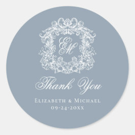 Dusty Blue Monogram Wedding Crest Thank You Runt Klistermärke